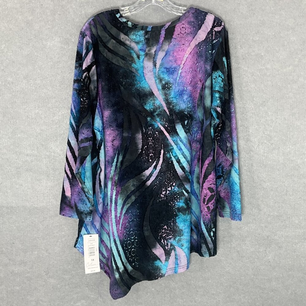 Calessa Top‎ Womens Sz 1X Midnight Sky Asymmetrical Hem Round Neckline Blouse - Picture 2 of 14